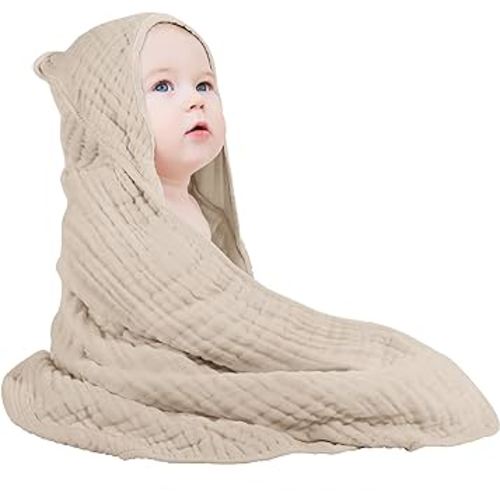 Yoofoss Hooded Baby Towels for Newborn 100% Muslin Cotton Baby Bath Towel with Hood for Babies, Infant, Toddler and Kids, Large 32x32Inch, Soft and Absorbent Newborn Essential,Apricot