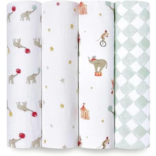 aden + anais Essentials Baby Muslin Swaddle Blankets, Newborn Receiving Blanket for Swaddling, 100% Cotton Baby Swaddle Wrap, 4 Pack, Elephant Circus