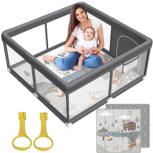 Fodoss Baby Playpen with Mat, Small Play Pen(47x47inch), for Babies and Toddlers, Pen Apartment, Yard Baby, Fence Area Playyard Activity Center (Dark Gray) - 47*47 baby playpen with mat-Dark gray