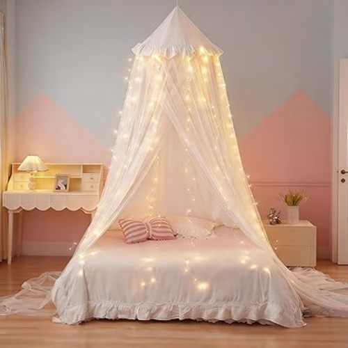 Princess Bed Canopy for Girls, Double Layer Canopy Fits Twin/Full Bed - Fairy Bed Tent for Kids Room Decor(with 250pcs Warm White Curtain Lights,White)