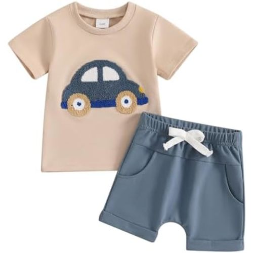 fhutpw Toddler Baby Boy Summer Clothes Embroidery T-Shirt Casual Shorts Sets Infant Truck Excavator Dinosaur Pattern Outfits