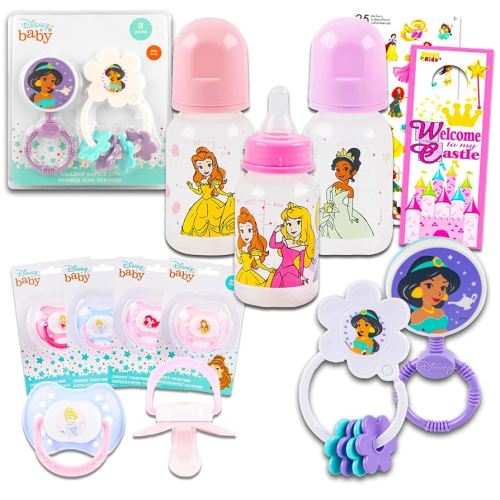 Disney Princess Baby Gift Set, Baby Shower Gifts Girls Neutral - 8 Pc Newborn Essentials Bundle with Rattle, Bottle, Pacifier, Scrapbook Stickers, More