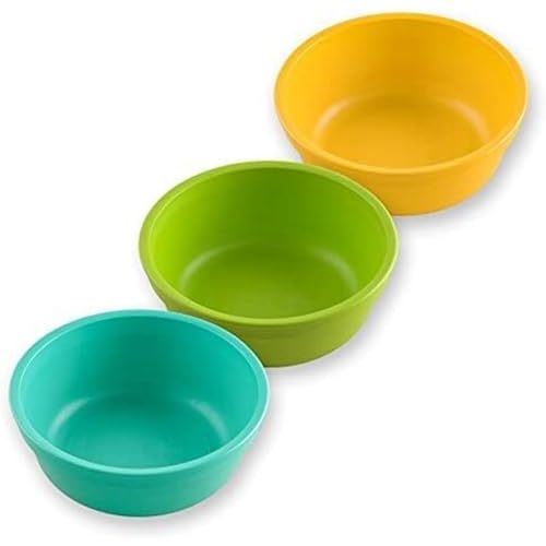 Re-Play 12 oz. Toddler Bowls Set of 3 - Kids Deep-Walled, Durable & Reusable Snack and Meal Bowls, Dishwasher & Microwave Safe, BPA-Free, Made in USA from Recycled Plastic, Aqua Asst