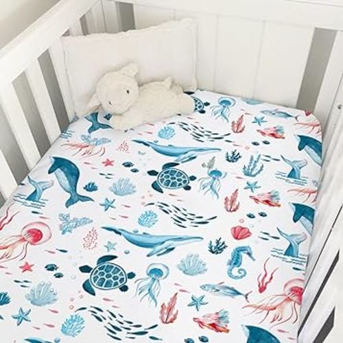Nautical Life Baby Crib Sheet 52''x28'' Ocean Sea Turtle Whale Jellyfish Sea Horse Weeds Fitted Crib Mattress Cover for Boy Girl Nursery Bed Sheets for Standard Crib and Toddler Mattress White