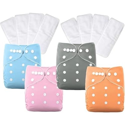 AIO Reusable Baby Cloth Diapers 4 Pack with 8 Microfiber Inserts, Adjustable Pocket Diapers Waterproof TPU Cover for Baby Boys Girls 0-3 Years, Eco Friendly Washable Cloth Nappies