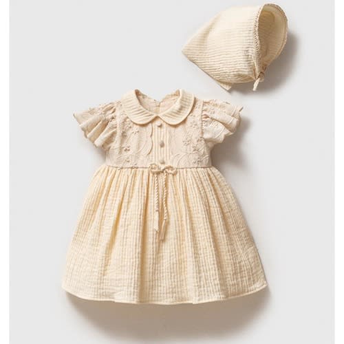 Embroidered Cream Muslin Baby Dress with Bonnet – Vintage Style
