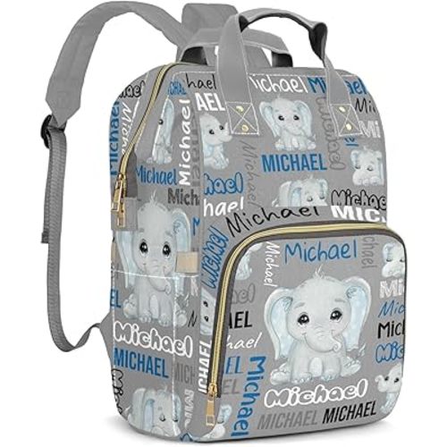 Cute Elephant Custom Baby Boy Diaper Bag Backpack - Multi-Function Personalized Name Nappy Backpack for Newborn Infant with Thermal Pockets, Mom Customized Nursing Bag Travel Daypack