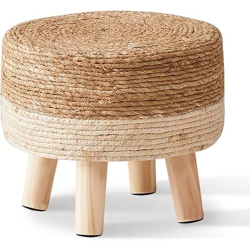Cpintltr Foot Stool Natural Seagrass Hand Weave Poufs Round Ottoman for Couch Desk Soft Step Stool Padded Foot Rest with Non-Skid Pine Legs for Hallway Office Lounge Natural/White