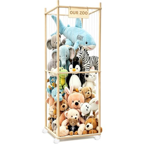 Stuffed Animal Storage, Wood Stuffed Animal Zoo Storage with Brake Wheels, Space Save Toy Organizer, Large Capacity Stuffed Animal Holder, Perfect for Nursery Playroom Kidroom Bedroom-62.6 Inch