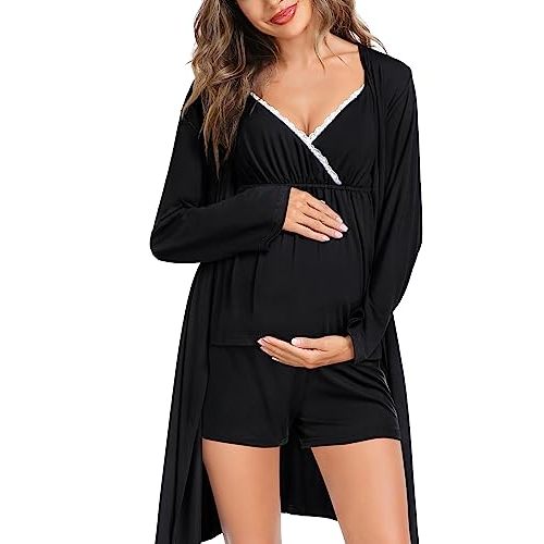 SWOMOG Womens Maternity Robe Set 3 Piece Nursing Pajamas for Breastfeeding 3 in 1 Labor Delivery Hospital Pregnancy Pjs Grey