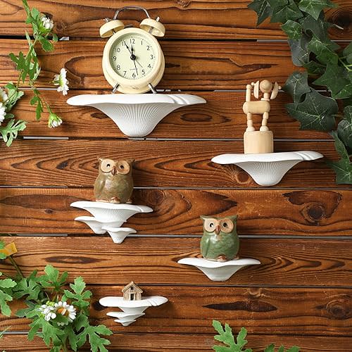 Pinkunn 5 Pack Mushroom Shelf Wall Decor White Mushroom Floating Shelves Cute Mushroom Wall Hanging Shelf Whimsical Cottage Core Decor for Home Bedroom Living Room Kitchen