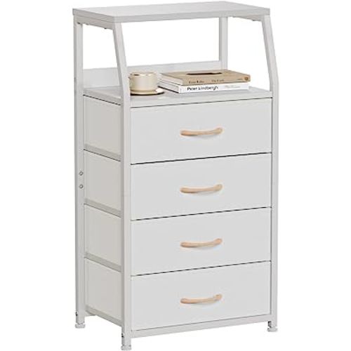 Furnulem Tall 4 Drawers Dresser, Vertical Storage Tower for Bedroom, Hallway, Entryway, Nursery, Closet Organizer, Nightstand Bedside Table Furniture, Sturdy Steel Frame, Wood Top, White