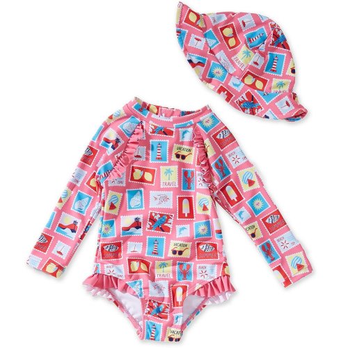 Adventurewear 360 Baby Girls Stamp Print Long Sleeve Rashgaurd Ruffle One-Piece Swimsuit