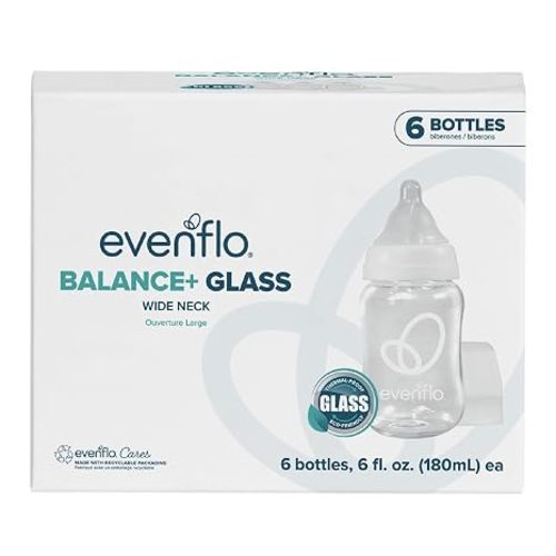 Evenflo Balance+ Glass Wide Neck Baby Bottles, Clear, 6 fl oz, 6 Pack