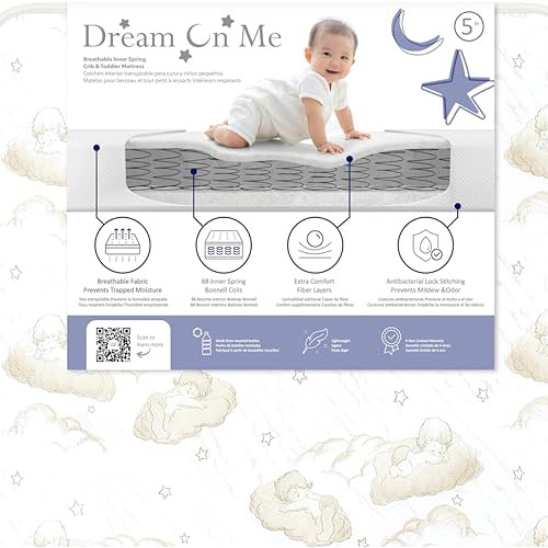 Dream On Me Twilight 5” 2-in-1 Breathable Spring Coil Crib & Toddler Mattress – Firm Infant Side & Plush Toddler Side, Reversible Design, Waterproof Vinyl Cover, GREENGUARD Gold & JPMA Certified