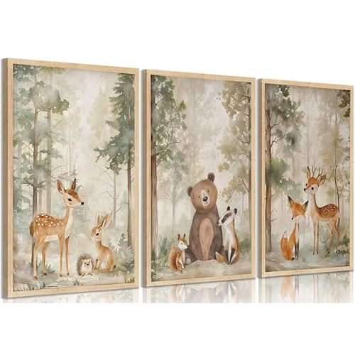 3Pcs Woodland Animal Nursery Canvas wall art Wild Animals Forest Paintings Pictures Wall Decor Fox Bear Deer Watercolor Poster Printing Artwork for Boys Room Girls Room Home Decoration Unframed