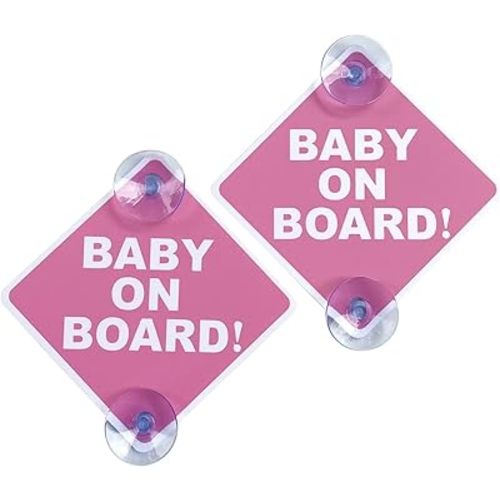 Baby on Board Car Sticker for Cars 2PCS with Suction Cups, (Pink)