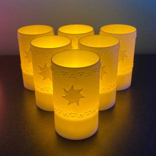 Tangled Lantern Tea Lights - Rapunzel’s Floating Lights - Six (6) warm white 3D printed lanterns with yellow LED tea light candles