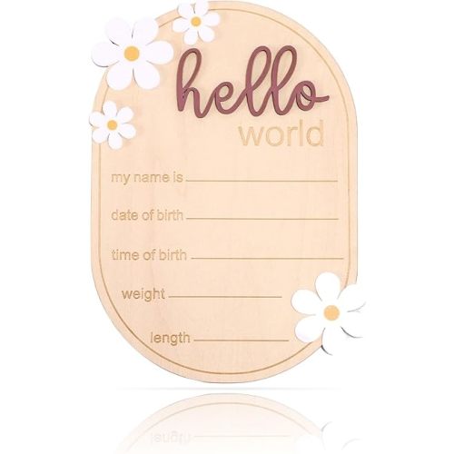 Baby Announcement Sign, Wooden Hello World Newborn Welcome Sign Personalized Birth Announcement Board for Baby Name Gender Neutral Nursery & Hospital Photo Props Keepsake Gift (Brown Letter)