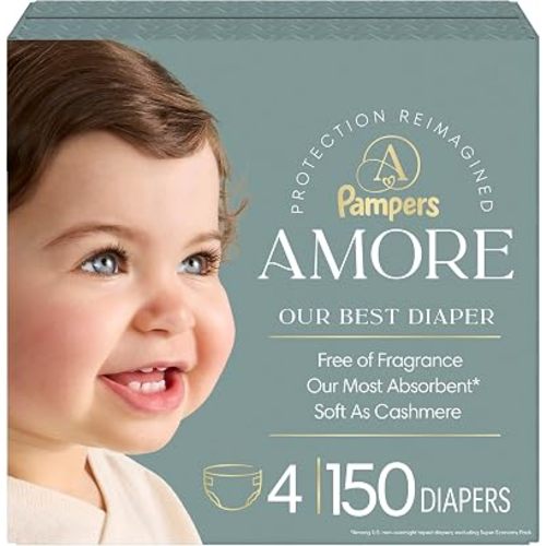 Pampers Amore, Size 4 (15-34 lbs), 150 Count, Our Best Diaper – Hypoallergenic & Fragrance Free, Up to 100% Leakproof, Soft as Cashmere