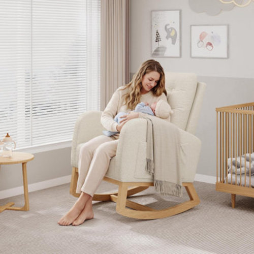Ebern Designs Modern Nursery Rocking Chair, High Back Lambswool Glider with Side Pocket | Wayfair