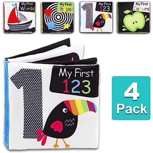 4 Pack Baby First Soft Activity Cloth Book Set, Black and White High Contrast Interactive Crinkle Bundle for Infant, Early Education for Brain Development with Numbers, Words, Shapes, Colors