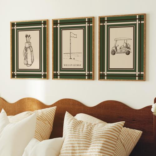 Golf Wall Art Set of 3 Vintage Golf Print Masters Golf Print Framed Sport Boy Bedroom Art Personalized Gift for Golfer Mens Office Decor