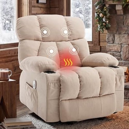 Massage Rocking Recliner Chair, Ergonomic Recliners Sofa with Vibration Massage & Heat, Rocking Chair Nursery Chair for Living Room Lounge with 4 Pockets, 2 Cup Holders, Beige