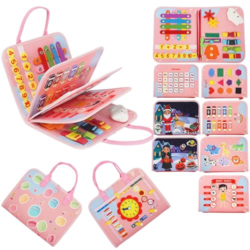 Busy Board Montessori Toy, Toddler Travel Activity | Felt material, 8-in-1 activities, fine motor skills, travel-friendly, gift for boys girls ages 3+
