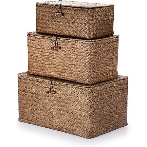Hipiwe Set of 3 Natural Seagrass Storage Baskets with Lid - Large Handwoven Wicker Storage Bins Rectangular Household Organizer Boxes Shelf Wardrobe Organizer, Coffee