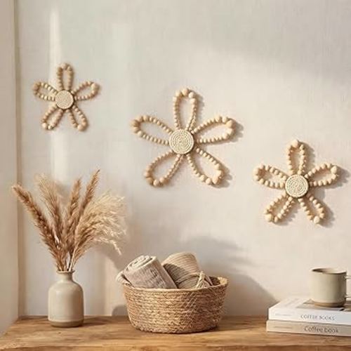 3 Pcs Boho Daisy Flower Wall Decor, Wood Bead Daisy Wall Art, Beaded Wildflowers, Farmhouse Boho Nursery Decor for Baby Girls Kids Bedroom Dorm Playroom, 7.87'', 5.91'', 4.72''