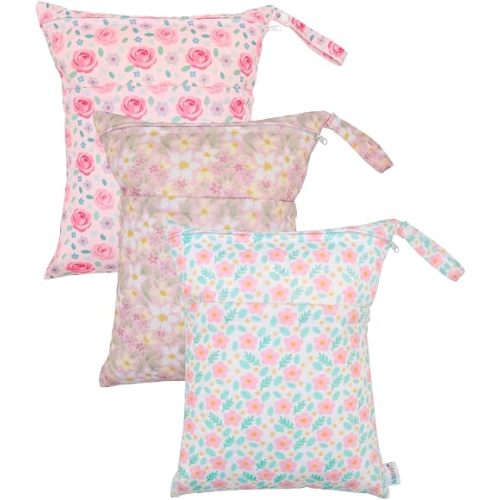 ALVA ALVABABY 3pcs Medium Cloth Diaper Wet Dry Bags Waterproof Reusable with Two Zippered Pockets Travel Beach Pool Daycare Soiled Baby Items Yoga Gym Bag for Swimsuits or Wet Clothes 3L-ZM40