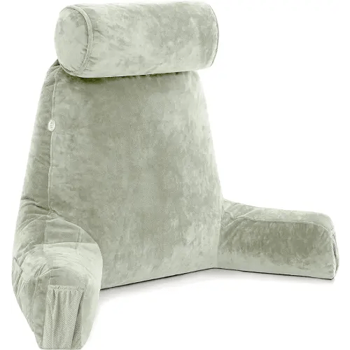 Husband Pillow Medium Desert Sage, Backrest for Kids, Teens, Petite Adults - Reading Pillows with Arms, Adjustable Plush Memory Foam, Bed Rest Chair Sitting Up, Detach Neck Roll, Removable Cover