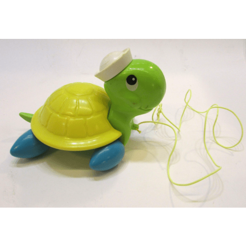 Vintage 1977 Fisher Price Green Yellow Blue White Sailor Hat Turtle Pull Toy