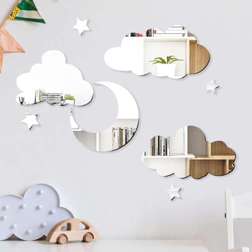 SONGAUN 3D Moon Cloud Mirror Wall Decor Acrylic Mirror Wall Stickers Self Adhesive Decorative Moon Star Cloud Wall Decals for Baby Kids Children's Living Room Bedroom Nursery Wall Decor
