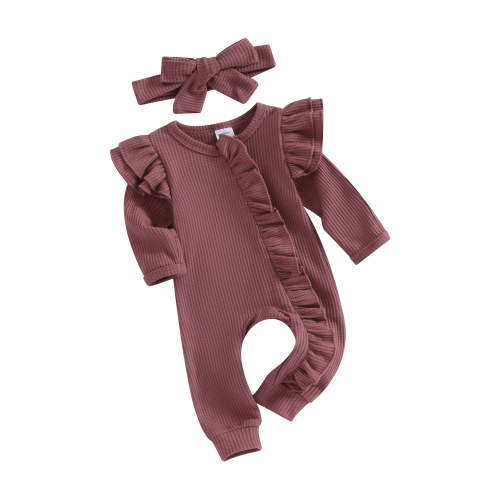 BemeyourBBs Baby Girl Going Home Outfit Newborn Baby Girls Ruffle Romper Waffle Knit Jumpsuit Long Sleeve Zipper Romper Solid Fall Winter Clothes