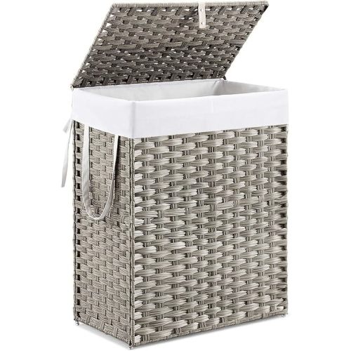 DUMOS Woven Laundry Basket with Lid, 90L Large Capacity Hamper, Removable & Machine-Washable Liner, Foldable Rattan Clothes Hamper, Sturdy Steel Frame, Odor Control, Dove Gray