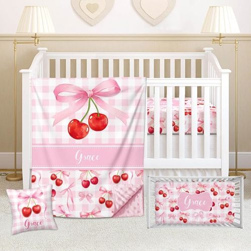 Personalized Pink Bow and Cherry Crib Bedding Set for Girls – Custom Baby Name 3 Pcs Nursery Set with Mink Blanket, Fitted Sheet & Pillowcase, Toddler Infant Baby Bedding