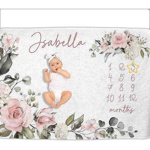 OLIVE OLIVIA Personalized Monthly Baby Milestone Blanket, Baby Months Blanket, Perfect Custom Newborn Gifts,50"x60"