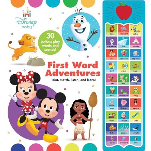 Disney Baby Mickey Mouse, Minnie, Frozen, Moana, and More! - First Word Adventures: Point, Match, Listen, and Learn! 30-Button Sound Book - Great for First Words - PI Kids