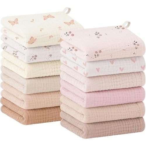 Bearmoss 12 Pack Baby Muslin Washcloths, 100% Cotton 10"x10" Face Towels