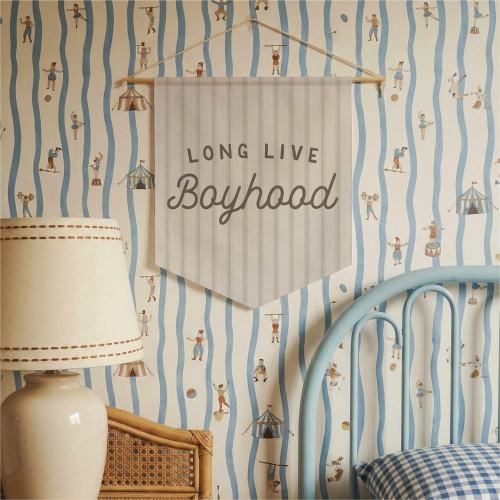 Long Live Boyhood Striped Banner, Pennant Flag for Boys Nursery Playroom or Bedroom, Wall Art for Kids Room in Ticking Stripe Fabric