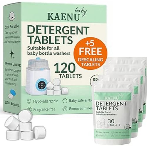Bottle Washer Detergent Tablets -120 PCS & 5 Free Descaling Tablets - Compatible with all Baby Bottle Washers, Baby Brezza, Momcozy & Grownsy - Removes Milk Residue & Odor from Bottles & Pump Parts