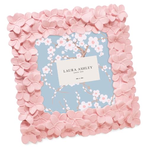 Laura Ashley 4x4 Pink Flower Textured Hand-Crafted Resin Picture Frame with Easel & Hook for Tabletop & Wall Display, Decorative Floral Design Home Décor, Photo Gallery, Art, More (4x4, Pink)