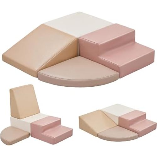 Sumbababy Climbing Foam Blocks for Toddlers: Waterproof Pu Leather Soft Climber - 4 Pcs Toddler Indoor Climbing Toys - Kids Outdoor Playground Playset Best Gift Preschool Daycare Supplies(Pink/Beige)