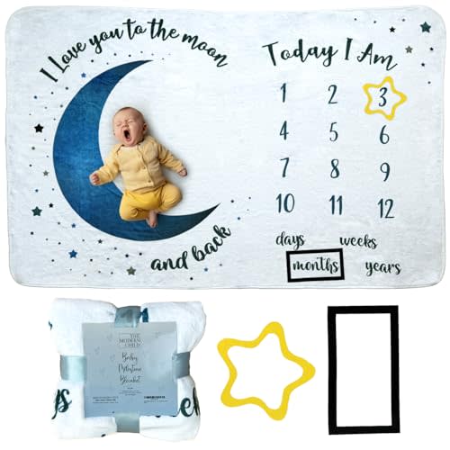 Baby Milestone Blanket - Super Soft Fleece Monthly Milestone Blanket for Baby Girl and Boy - Perfect for Baby's First Year Growth Chart - Monthly Baby Milestone - Blue Moon - 60"x40"