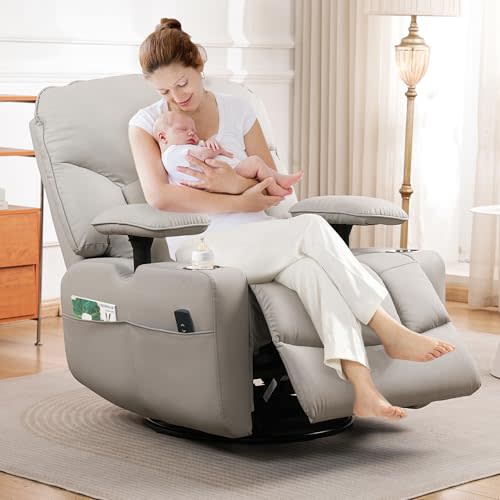 GRAINELL Rocking Chair Nursery, Electric Swivel Recliner Glider with Adjustable Armrests, Nursing Chair with USB Charger, Cup & Blanket Holders,Grey PU Leather