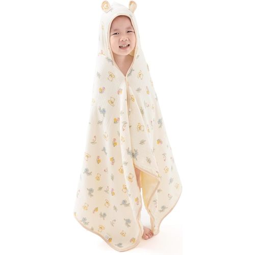Hooded Towel Muslin Hooded Towel Made from Organic Cotton 6-Layer Cotton Bath Towel, Soft Bath Towels 25x51inches for Toddler Baby (Bear&Flowers)