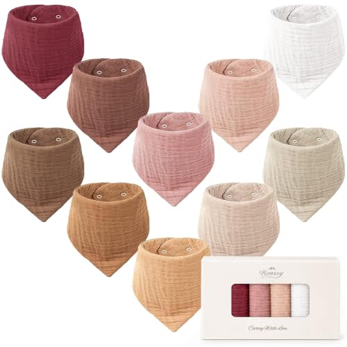 Konssy 10 Pack Baby Muslin Bandana Bibs for Drooling and Teething | 100% Cotton, 6-Layer Bibs, Pre-Washed Soft & Absorbent, Adjustable Neck Fit, Boys & Girls 0-36M