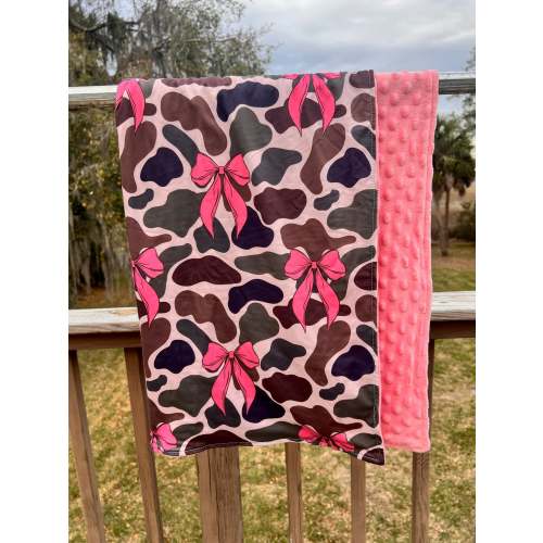 Black Camo and Bubble Gum Pink Bow Minky Blanket